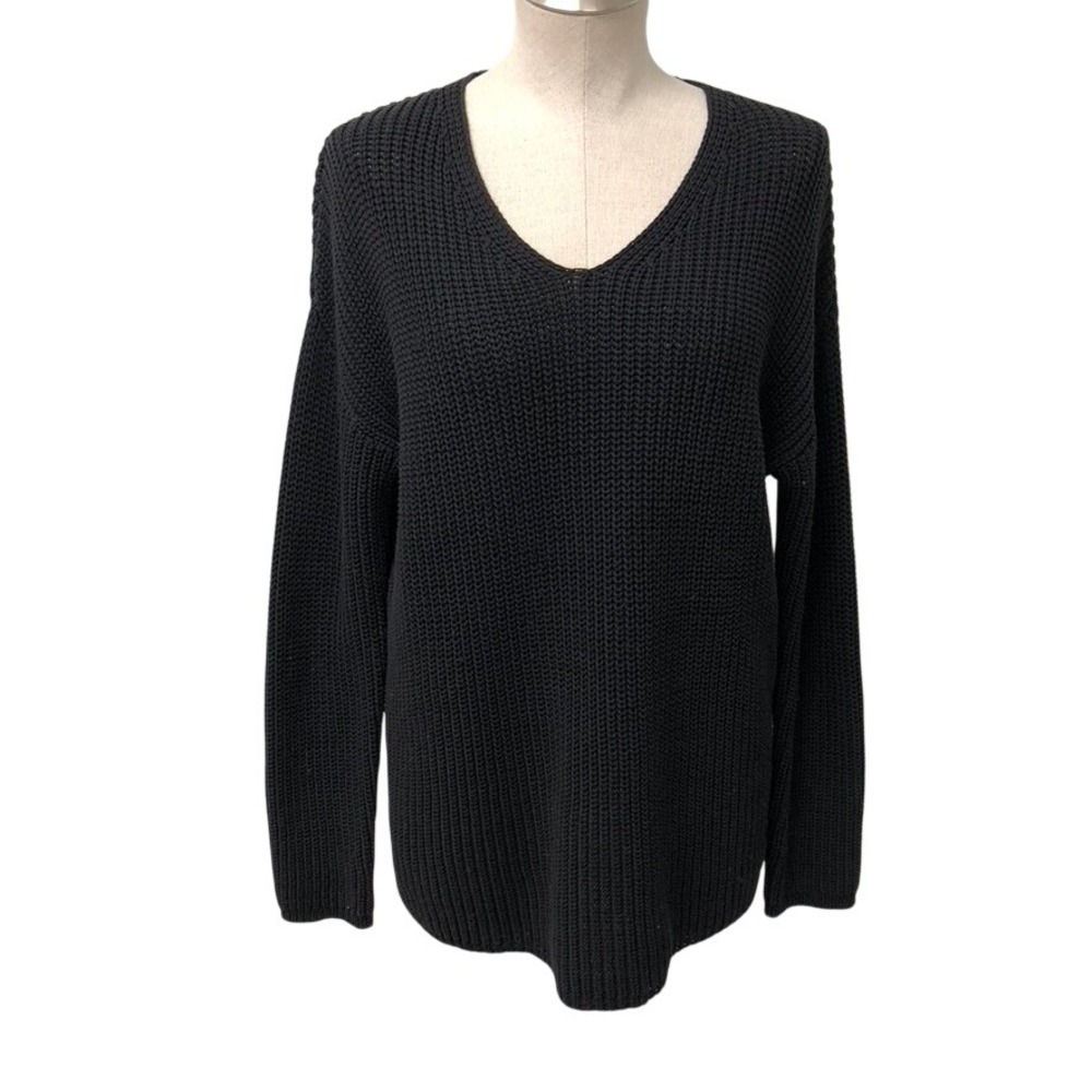 Jenni Kayne Everyday Sweater Womens Small Black Organic Cotton V-Neck Fisherman